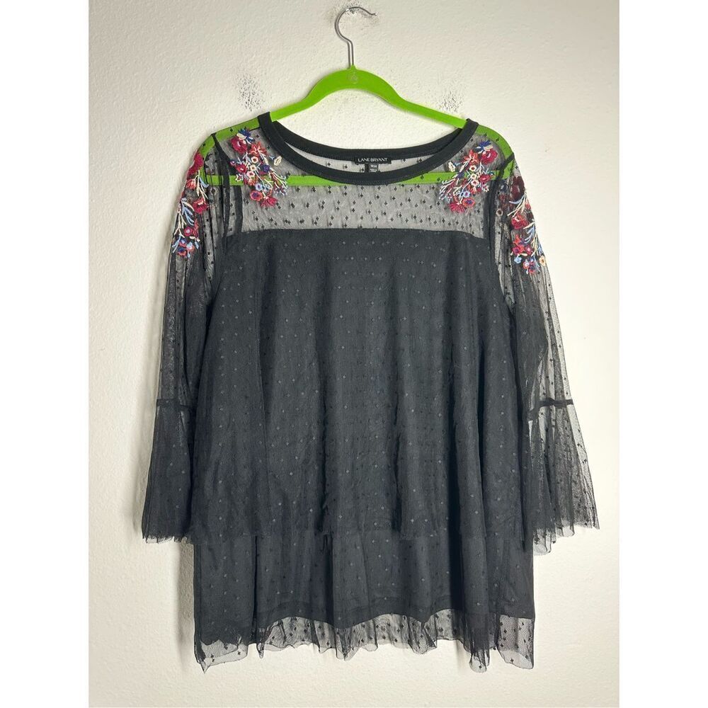 Lane Bryant Black Mesh Layered Embroidered Top Size 18/20 Floral Dots Ruffles